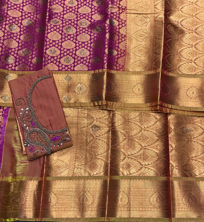 Bridal Vegan Silk Saree Pink Colour with Golden Yellow Border with Unstitched blouse in Aari work