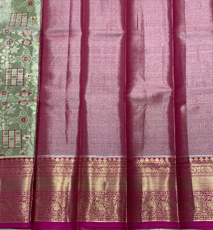 Light Pista Green Shade Vegan Silk Kids Pattu Pavadai with Contrast Border for Newborn to 2 Years