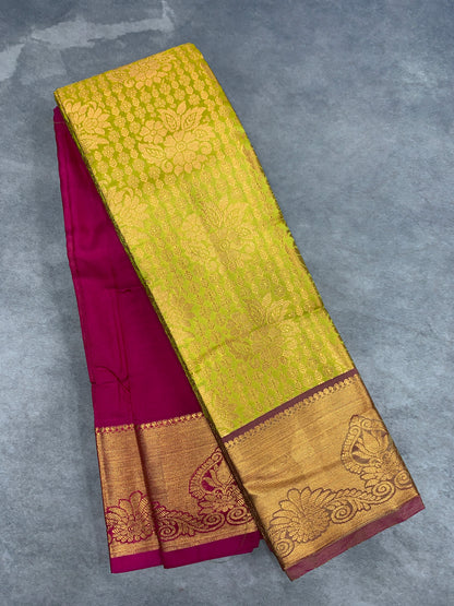 Vegan Silk Saree Lime Green Colour with Pink and Copper Border
