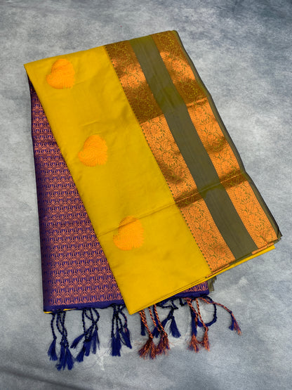 Soft Vegan Silk Saree Yellow Colour with Rettai Pettu Border