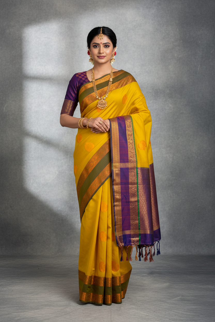 Soft Vegan Silk Saree Yellow Colour with Rettai Pettu Border
