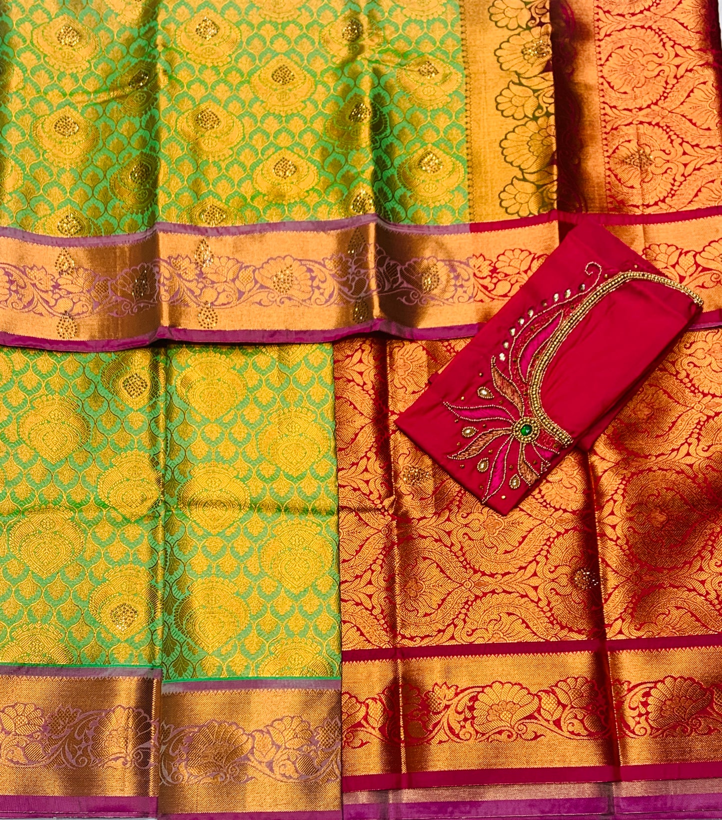 Bridal Vegan Silk Saree Light Green shade with Pink Border with Unstitched blouse in Aari work