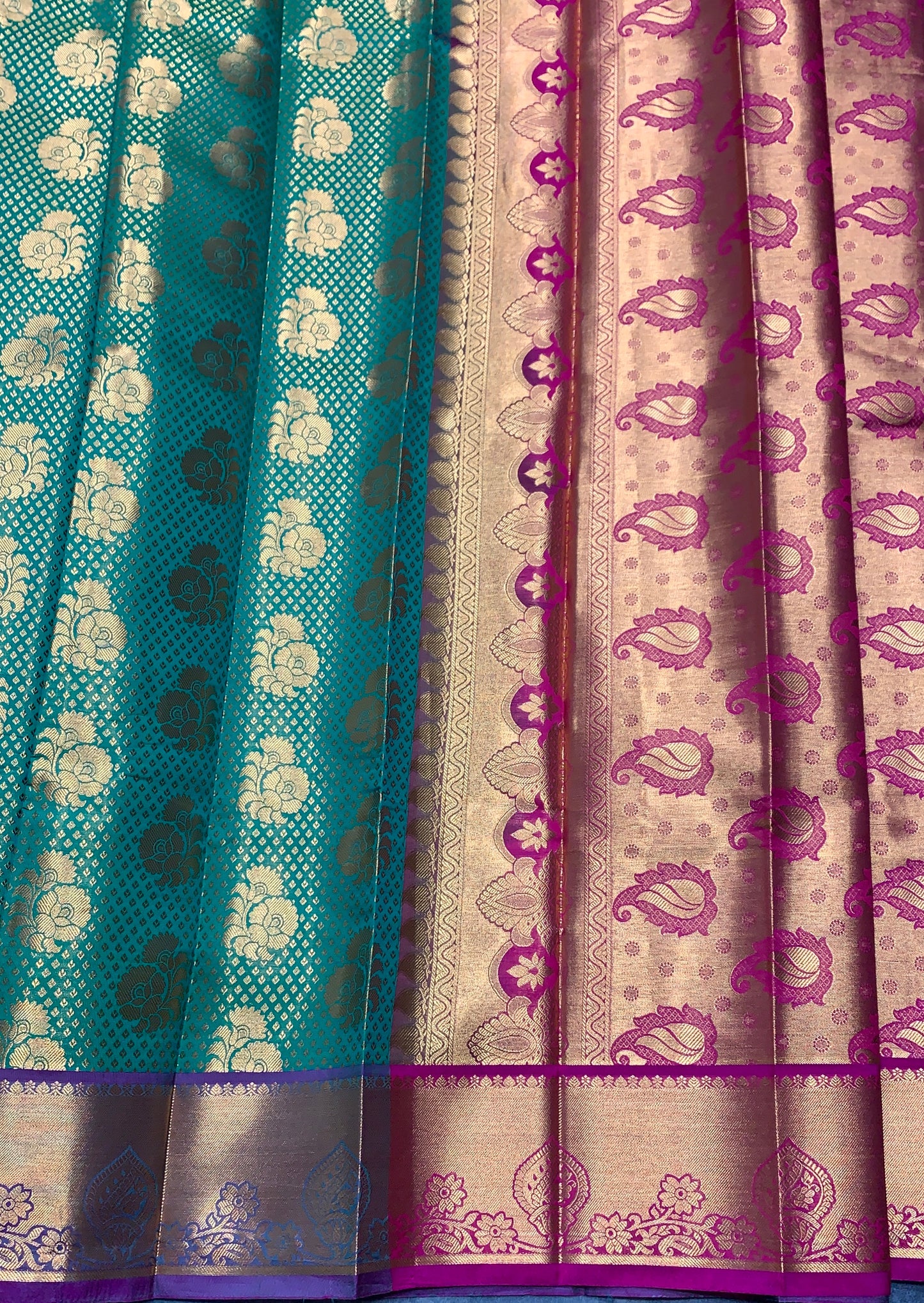 Vegan Silk Saree Light Green Colour with Pink and Copper Border