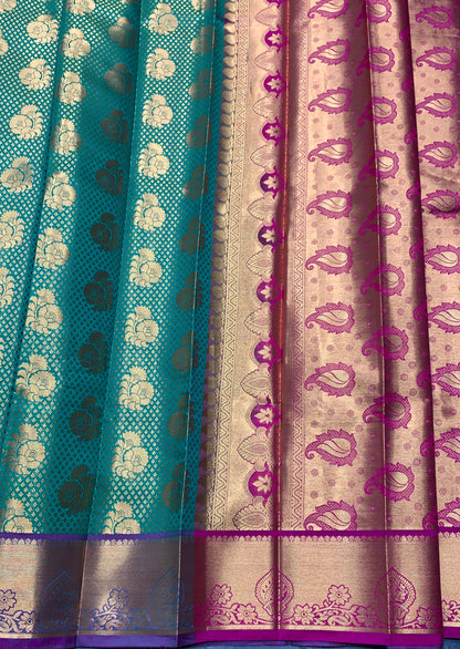 Vegan Silk Saree Light Green Colour with Pink and Copper Border