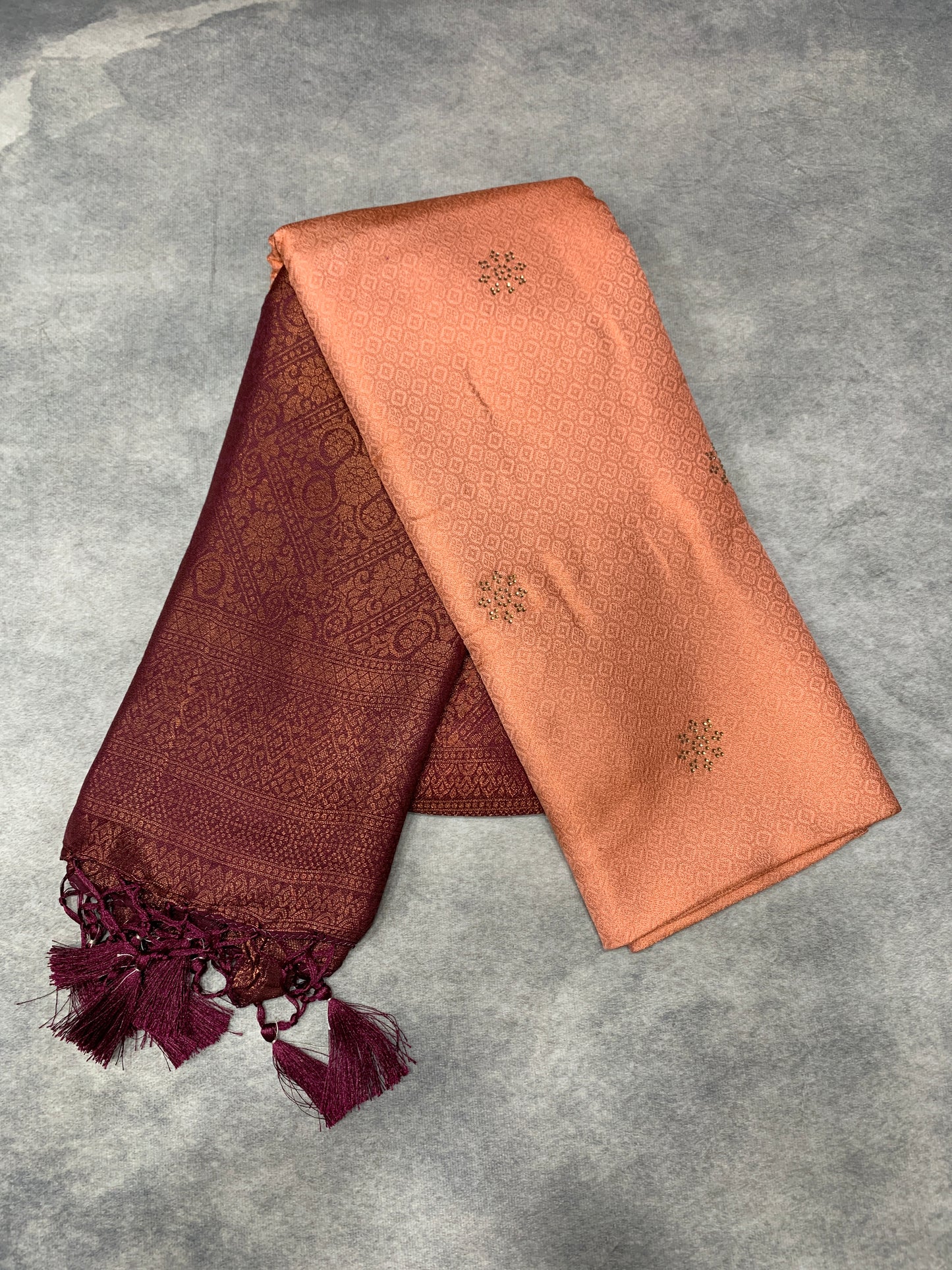 Soft Silk Saree Peach Colour and Stone Work with Brown Colour Pallu