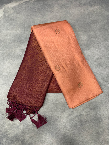 Soft Silk Saree Peach Colour and Stone Work with Brown Colour Pallu