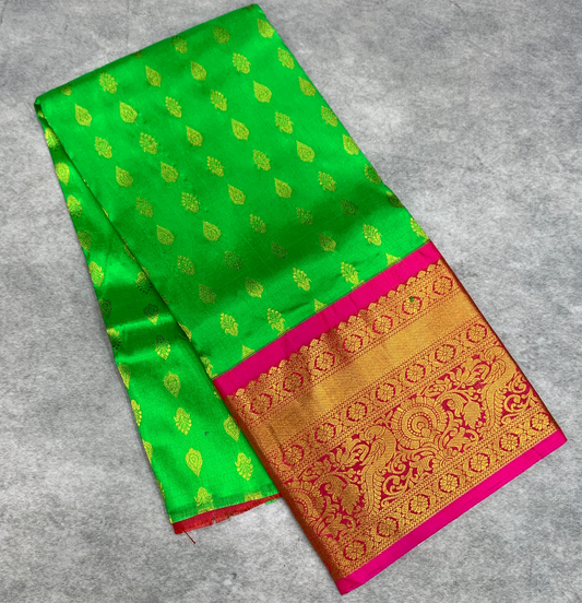 Light Green shade Pure Kanchipuram Kids Pattu Pavadai with Contrast border for age 2 to 5