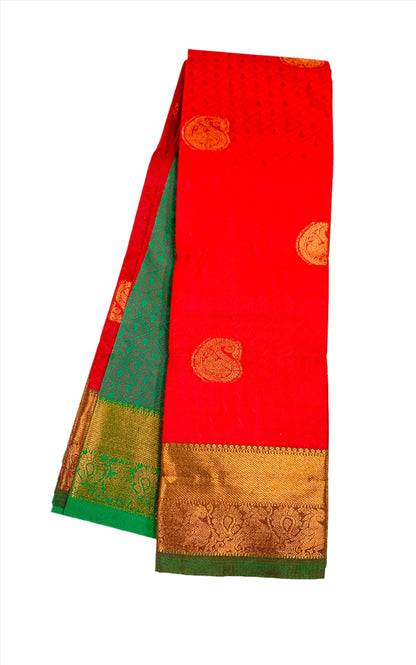 Red Shade Silk Cotton Saree with Copper Zari Border and Floral Design