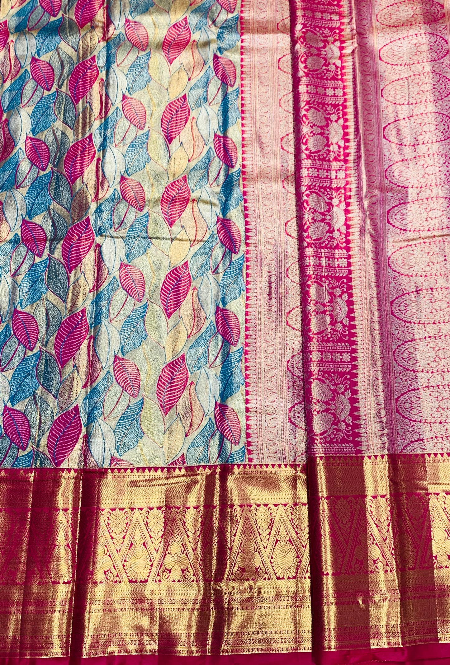 Sky Blue & Pink Leaf Soft Kanchi Tissue Pattu Saree with Pink border