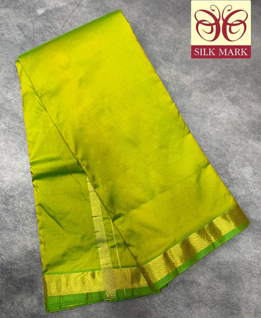 9X5 Pure Silk Dhoti Parrot green with Golden Zari Border