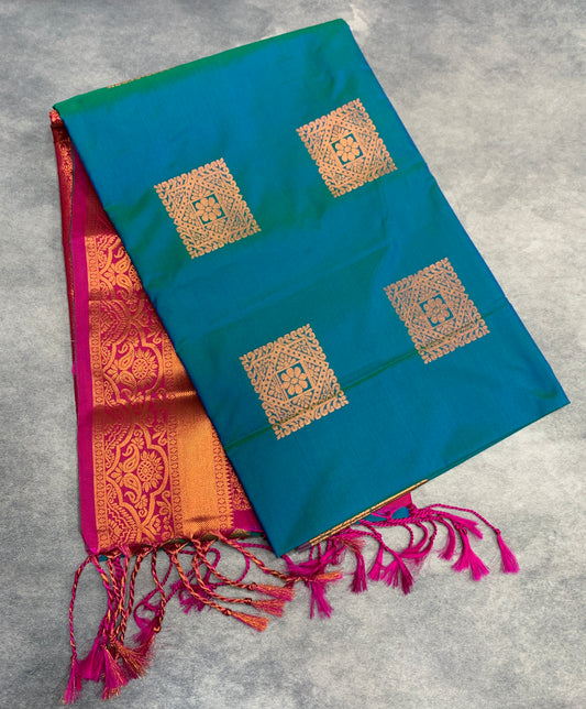 Soft Vegan Silk Saree Peacock Green Colour with Pink and Copper Border