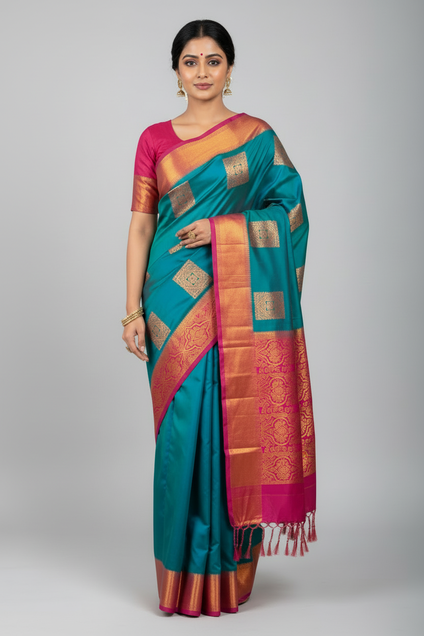 Soft Vegan Silk Saree Peacock Green Colour with Pink and Copper Border