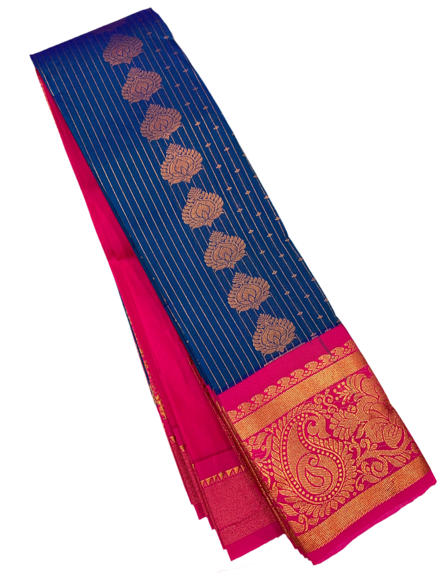 Vegan Silk Saree Blue with Pink Border with Mango and Floran Design