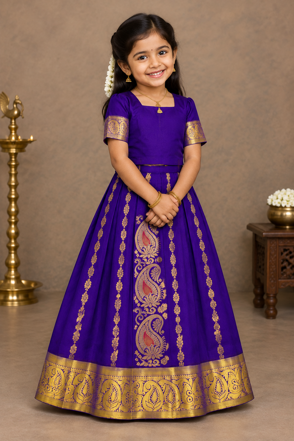 Violet Shade Semi Silk Kids Pattu Pavadai with Contrast border for age 5 to 10