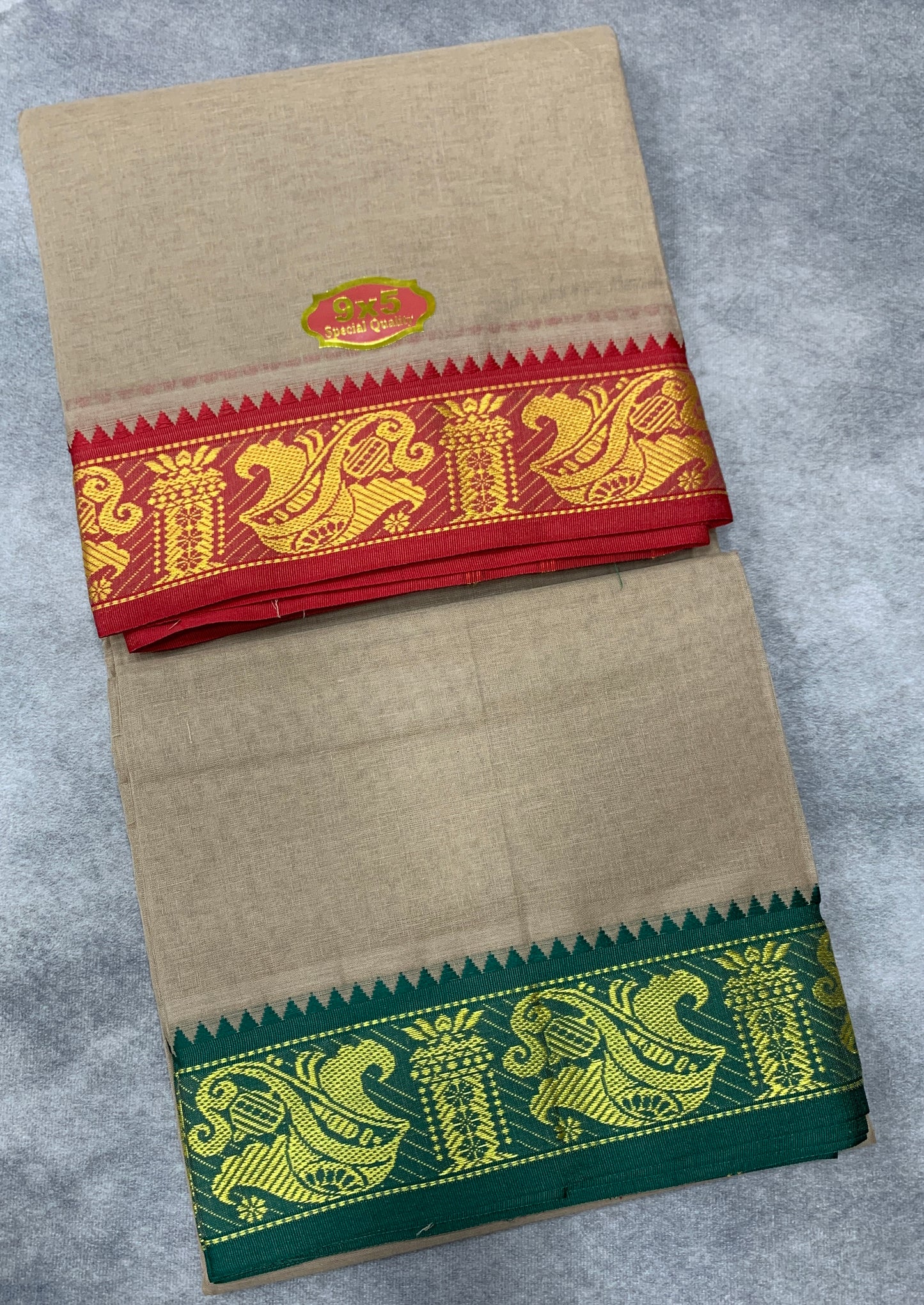 9X5 Cotton Dhoti Light Brown Colour with Red and Green