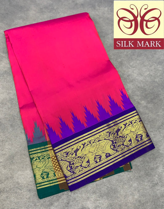 6 Mulam Silk Pooja Towel Reddish Pink Colour with Ganga Jamuna Korvai Border