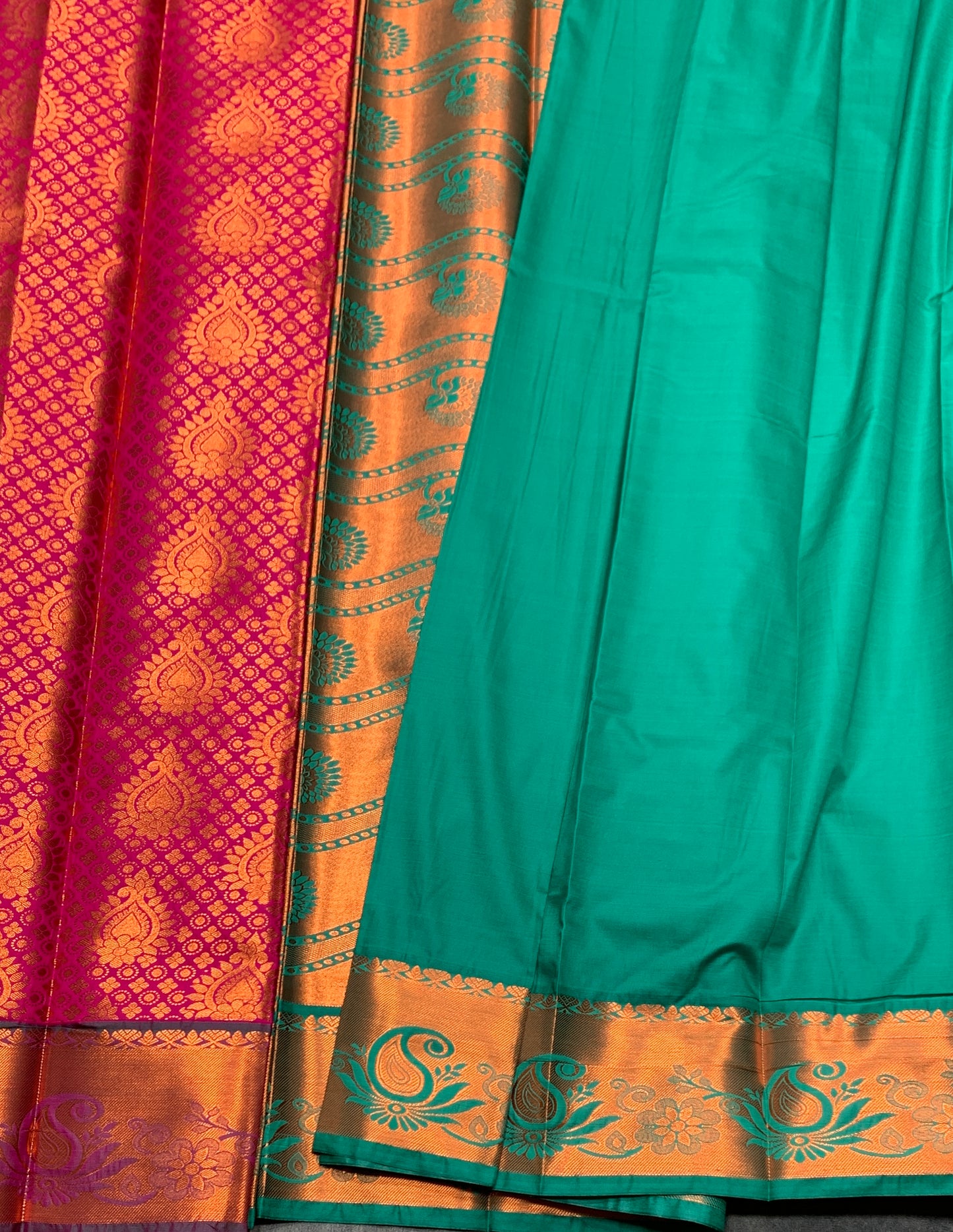 Vegan Silk Saree Pink Colour with Light Green and Copper Border