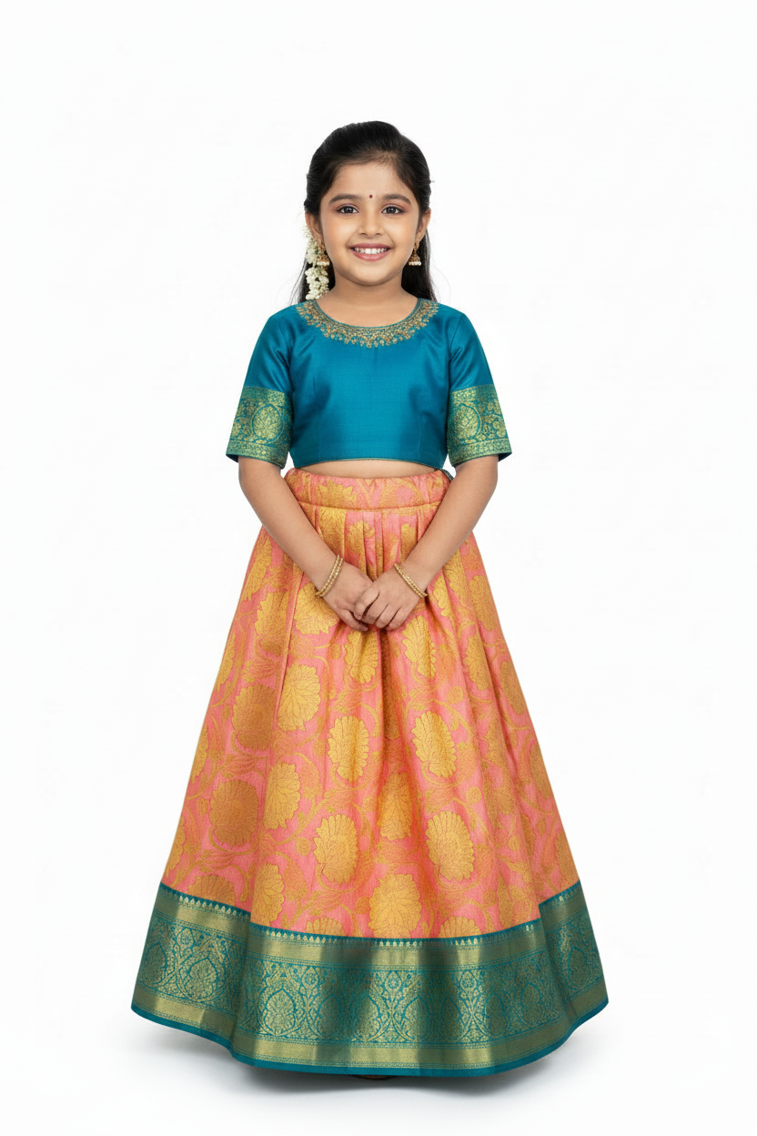 Baby Pink shade Vegan Silk Kids Pattu Pavadai with Contrast border for age 5 to 10