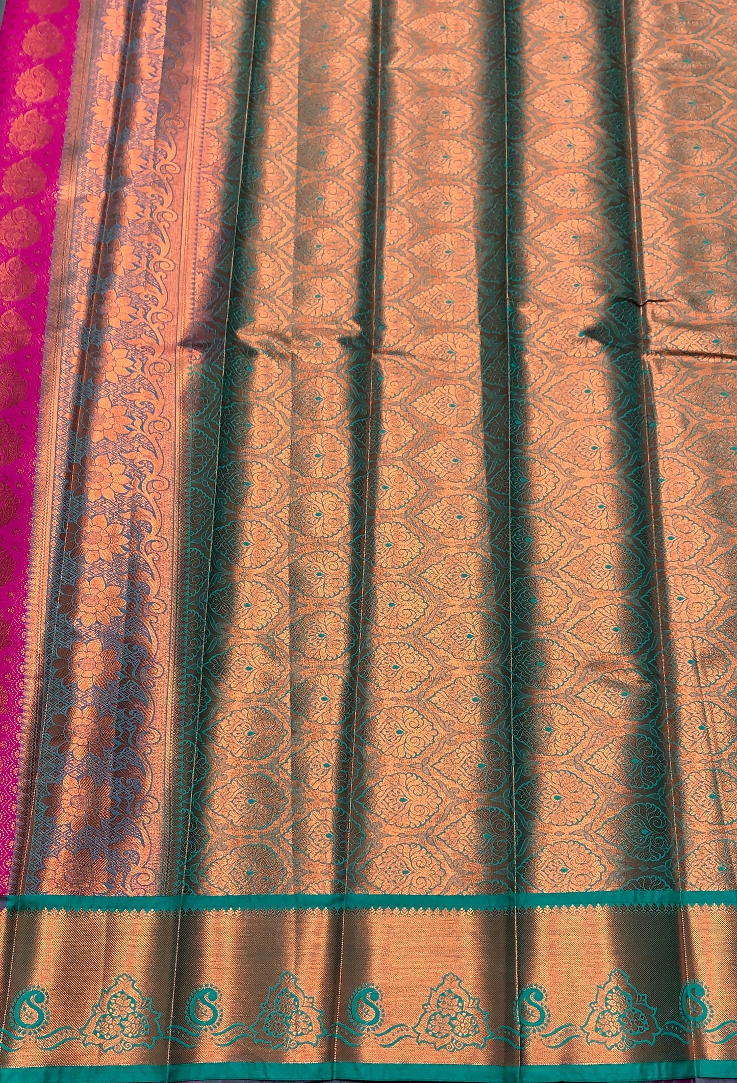 Vegan Silk Saree Pink Colour with Green and Copper Border