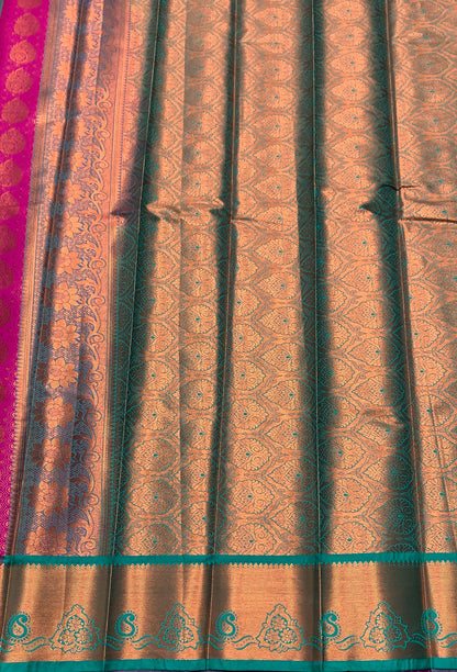 Vegan Silk Saree Pink Colour with Green and Copper Border