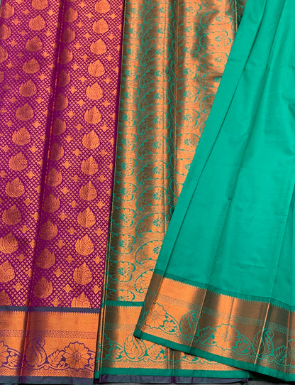 Vegan Silk Saree Magenta Colour with Green and Copper Border