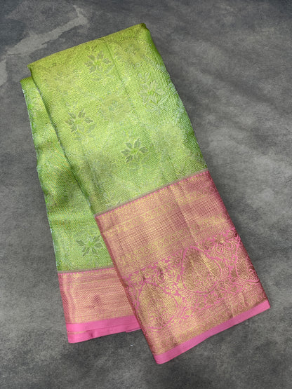 Apple Green Colour Soft Kanchi Tissue Pattu Saree with Baby Pink border