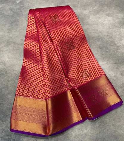 Vegan Silk Saree Pink Colour with Copper and Blue Floral Design Border