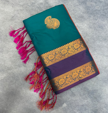 Soft Vegan Silk Saree Rama Green Colour with Rettai Pettu Border