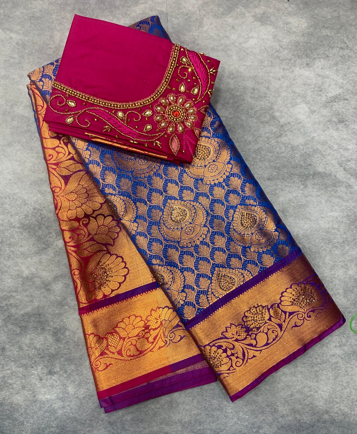 Bridal Vegan Silk Saree Blue shade with Pink Border with Unstitched blouse in Aari Work