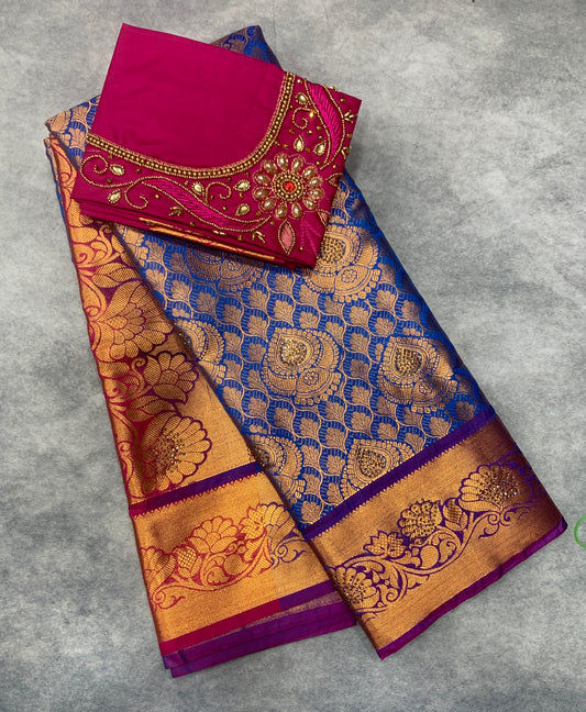 Bridal Vegan Silk Saree Blue shade with Pink Border with Unstitched blouse in Aari Work