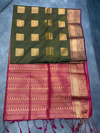 Soft Vegan Silk Saree Olive Green Colour with Pink and Copper Border