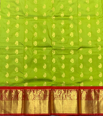 Parrot Green Shade Pure Kanchipuram Kids Pattu Pavadai with Contrast Border for age 2 to 5