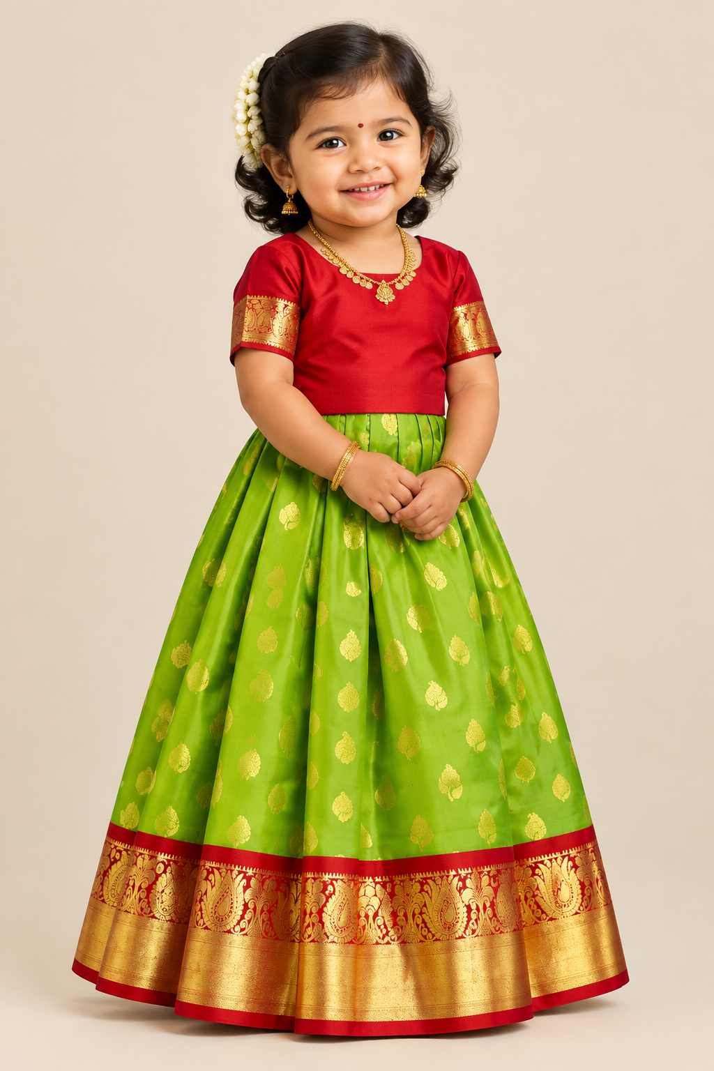 Parrot Green Shade Pure Kanchipuram Kids Pattu Pavadai with Contrast Border for age 2 to 5