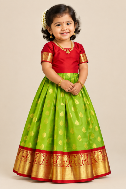 Parrot Green Shade Pure Kanchipuram Kids Pattu Pavadai with Contrast Border for age 2 to 5