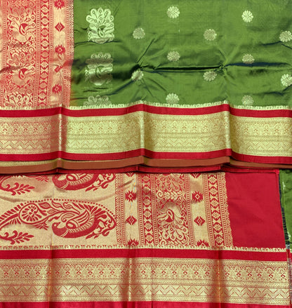 Olive Green shade saree with Golden and Red Border