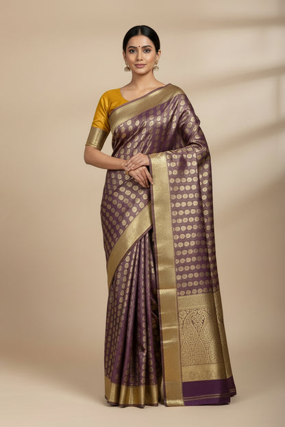 Vegan Silk Saree Maroon Colour with Golden Yellow and Copper Border