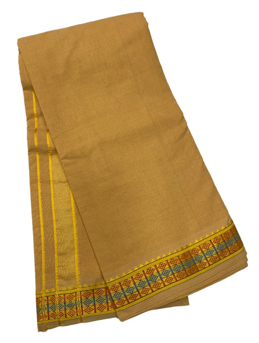 Mustard Yellow Dhoti with Red & Blue Diamond Border