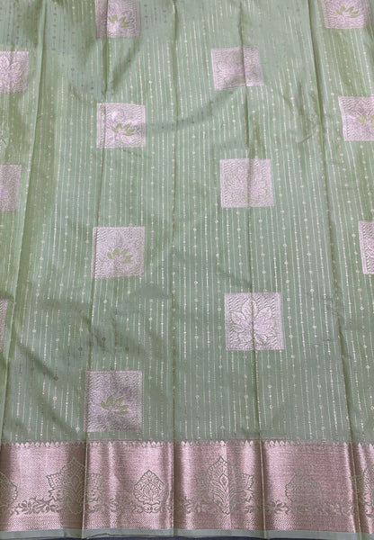 Soft Silk Casual Saree Pista Green with Sliver Zari Border