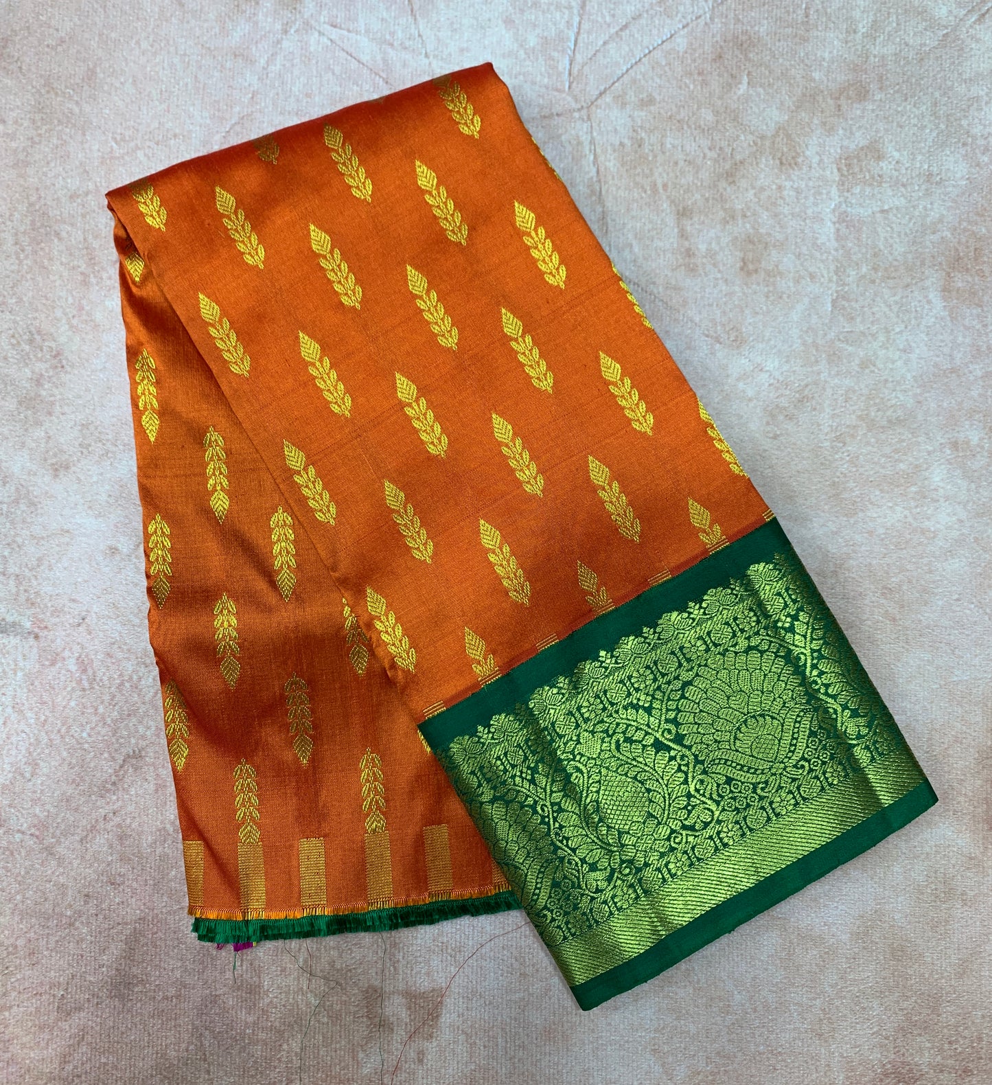 Orange Shade Pure kanchipuram Kids Pattu Pavadai with Contrast Border for Newborn to 2 Years