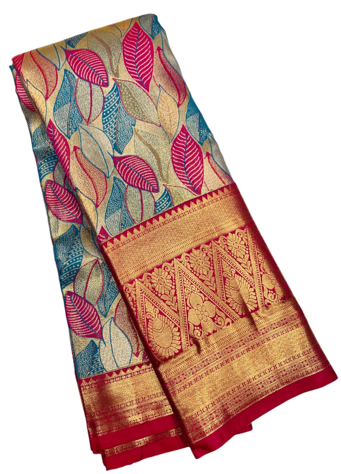 Sky Blue & Pink Leaf Soft Kanchi Tissue Pattu Saree with Pink border