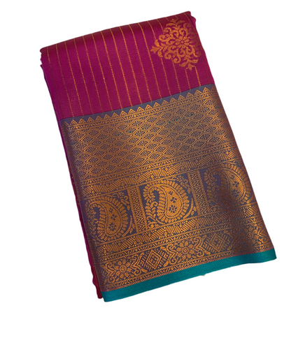 Vegan Lakshadeepam Silk Saree Pink Colour with Copper Border