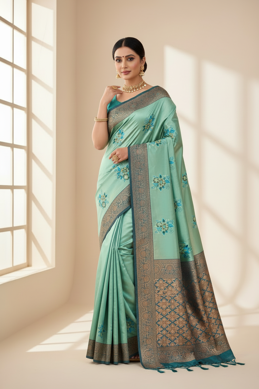 Fancy Tissue Saree Peacock Green Colour with Peacock Blue Border