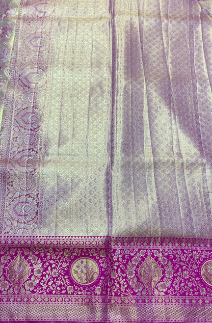 Sliver Pink Shade Soft Kanchi Tissue Pattu Saree with Pink border