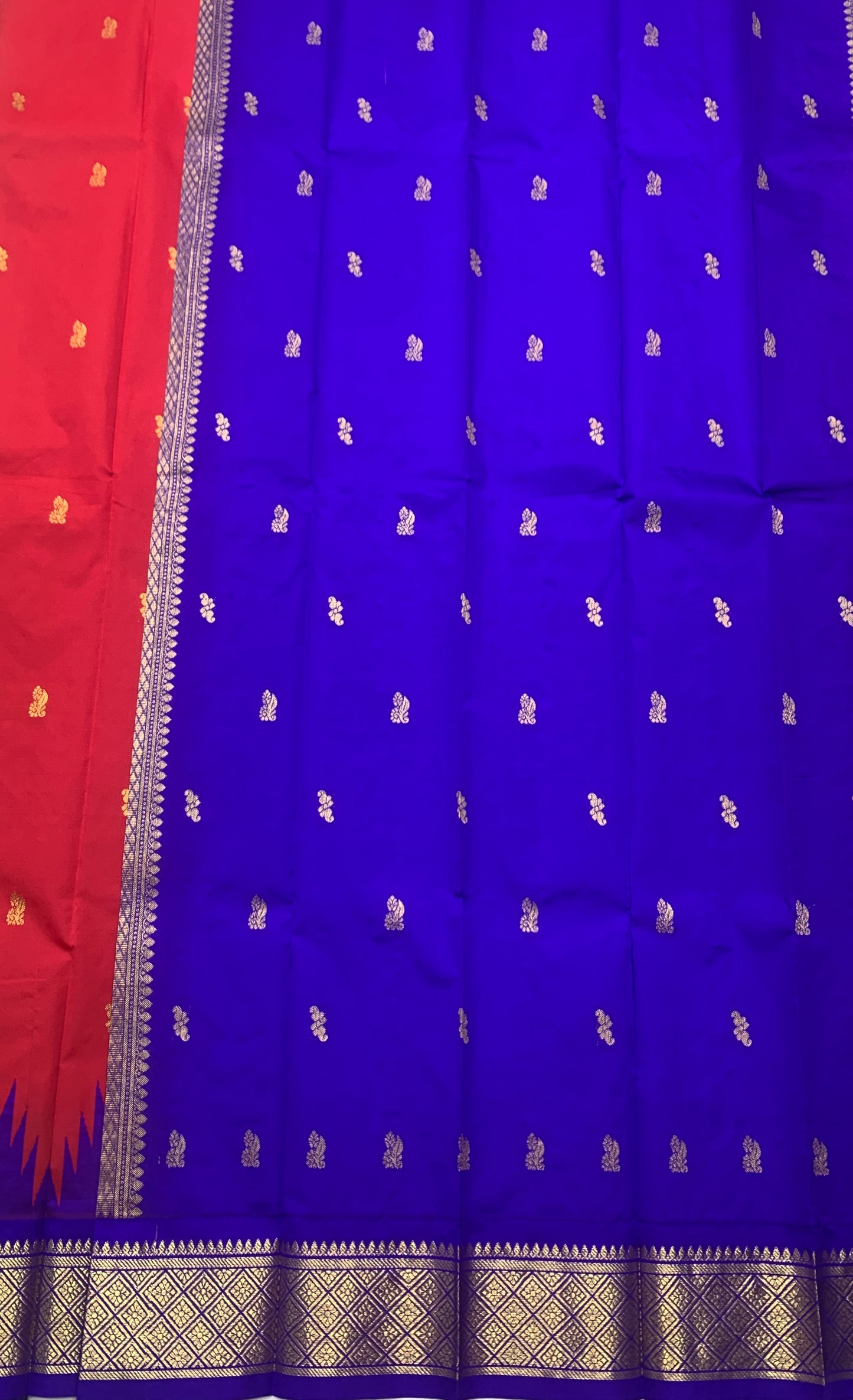 Pure Kanchipuram Silk Saree Red Colour with Blue and Gold Zari Border