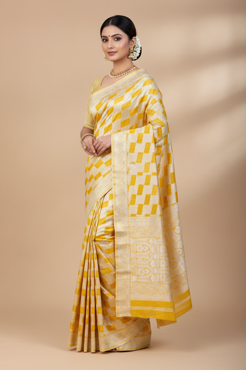 Banaras Katan Saree Yellow Colour with Katan Work Border