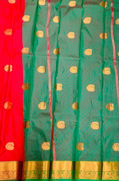 Red Shade Silk Cotton Saree with Copper Zari Border and Floral Design