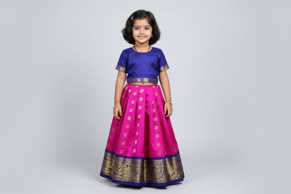 Pink Shade Pure kanchipuram Kids Pattu Pavadai with Contrast Border for Newborn to 2 Years
