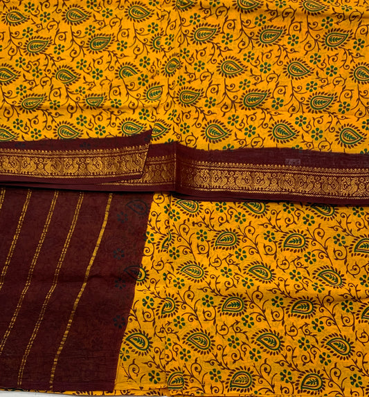 Chettinad Sungudi Cotton Mango Yellow Colour with Brown Border