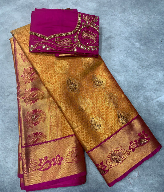 Bridal Vegan Silk Saree Golden Yellow shade with Pink Border with Unstitched blouse in Aari Work
