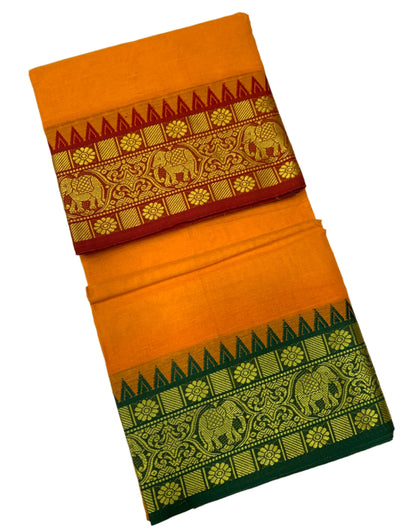 9X5 Cotton Dhoti Mango Yellow Colour with Maroon and Green Border